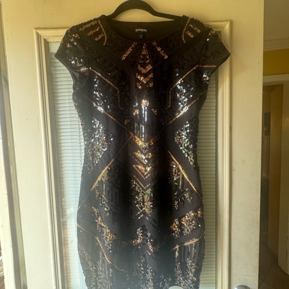 Express Black and Gold Bodycon Mini Dress